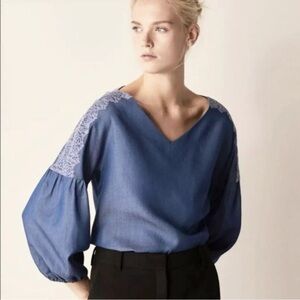 MASSIMO DUTTI Chambray Lace Balloon Sleeve Blouse - Blue Size 4